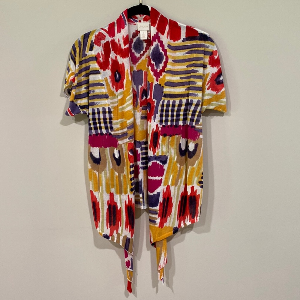 Chico’s colorful waterfall summer cardigan.